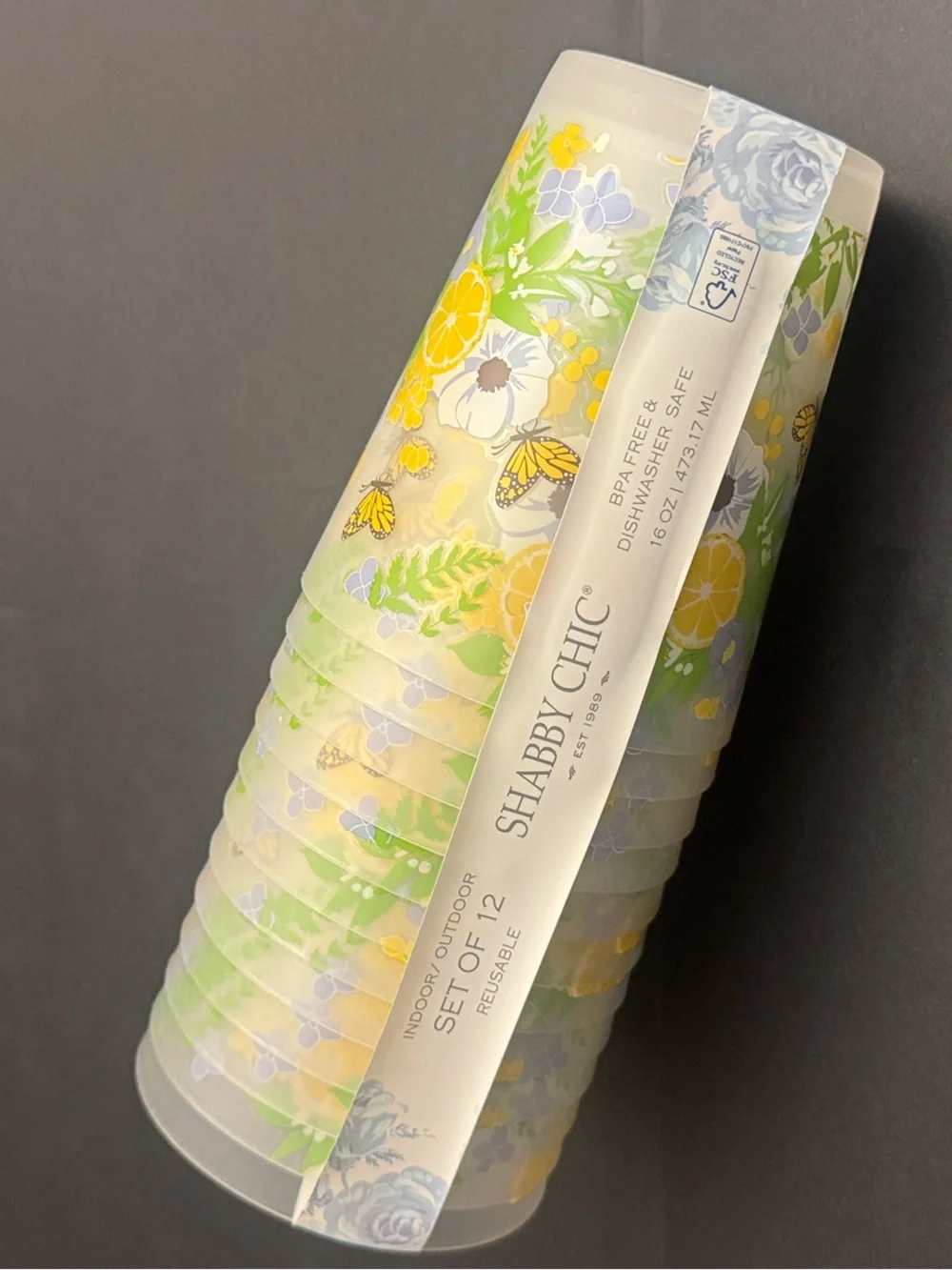 12pc SHABBY CHIC Citrus/Butterfly Floral Reusable Plastic Cups - 16oz